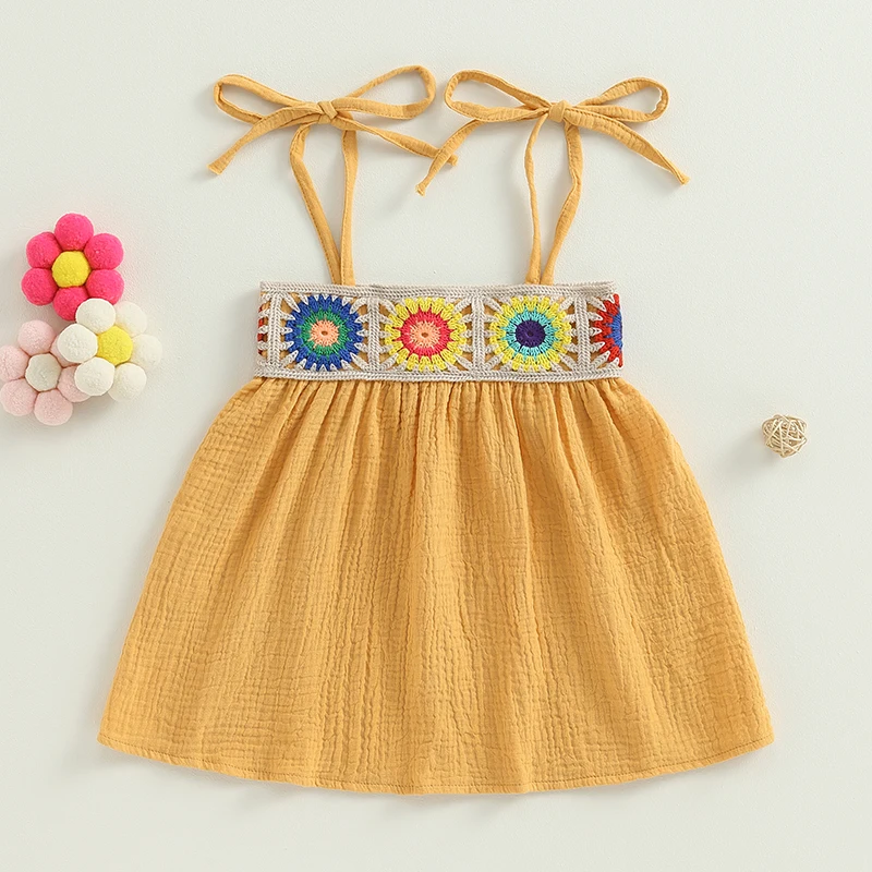 Kids Girls Dress Crochet Embroidery Sleeveless Tie-Up Spaghetti Strap Cami Dress Summer Casual Clothes Princess Dress