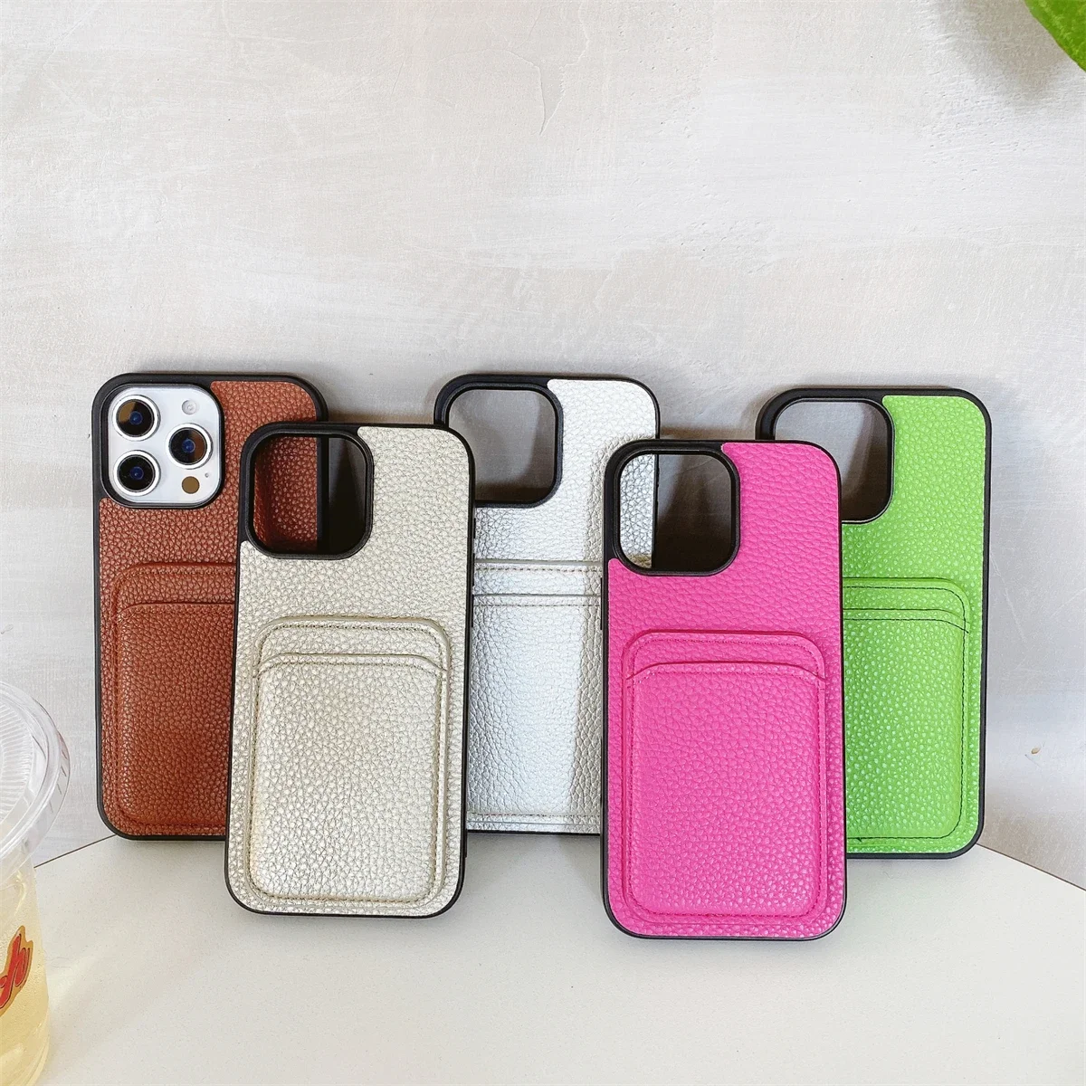 Цветной кожаный чехол для телефона с карманом и слотом из искусственной кожи для iPhone 17, 16, 15, 14, 13, 12, 11 Pro Max Plus, задняя крышка