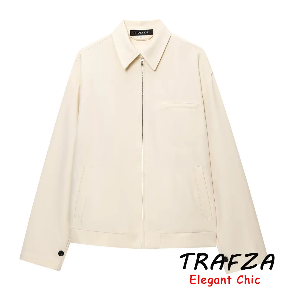 

TRAFZA Women High Street Loose Jacket Diagonal Pocket Lapel Zipper Jacket 2025 Spring Fashion Vintage Casual Versatile Jacket