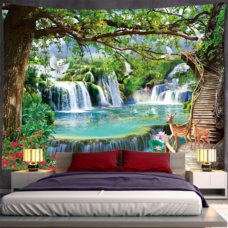 1pc Cute Fashion Forest Tree Colorful Tapestry Landscape Waterfall Spring Fashion Tapestry Living Room Bedroom House Decoration