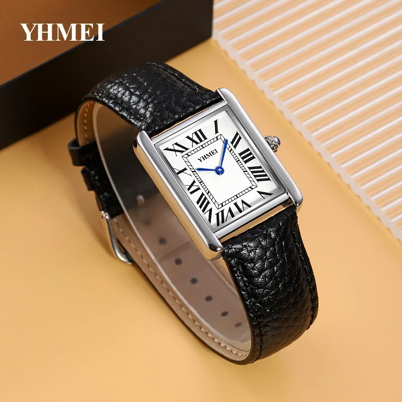 YHMEI Women Quartz Watch Rectangle Square Dial Watches Ladies Luxury Roman Numerals Numbers Wristwatch Classic Black White Clock