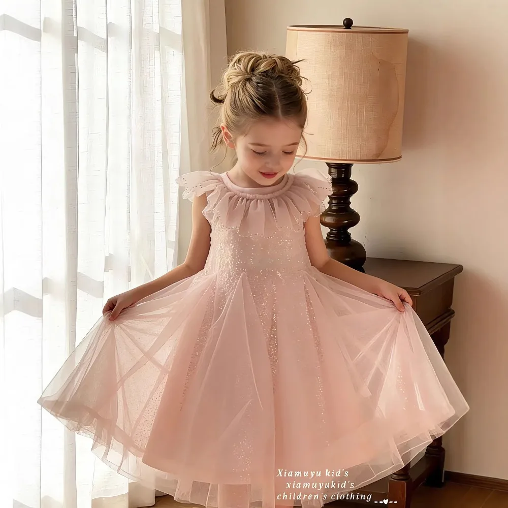 New Arrival Children Sparkle Leash Sleeve Dress High-End Wedding Guest & Stage Costume for Girls for 90-150cm