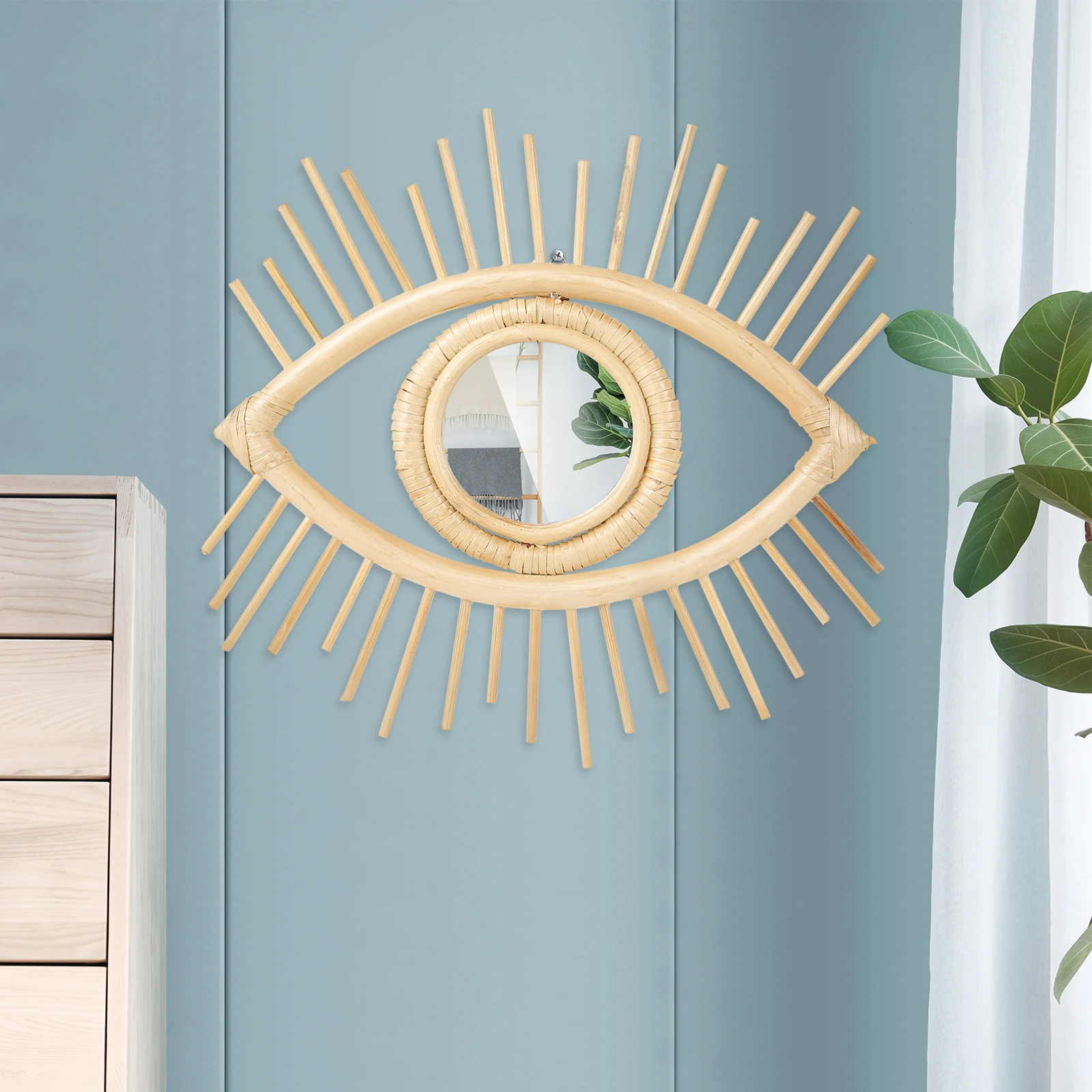 Hanging Rattan Mirror Decorative Eye Mirror Handmade Eye Mirror Wall Decor Aesthetic Evil Eye Wall Mirror Vintage Rattan Mirror