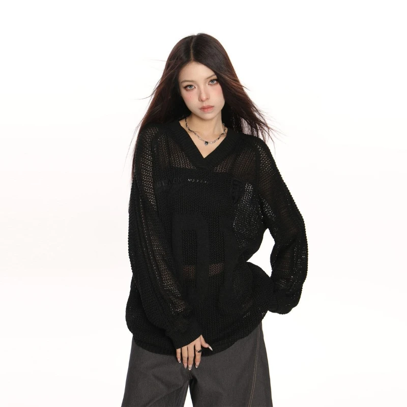 Paar Hol Gebreide Trui Borduren Grafische T-shirts Vrouwen Straat Harajuku Sexy Y2k Tops Losse Casual Trui Cover Up