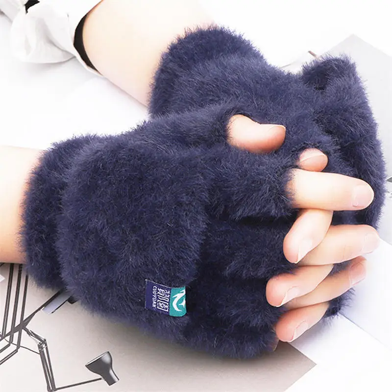 Half Finger Plus Cover Plush Gloves Flip Knitted Gloves Warm Thickened Imitation Mink Velvet Gloves Autumn And Winter 2024