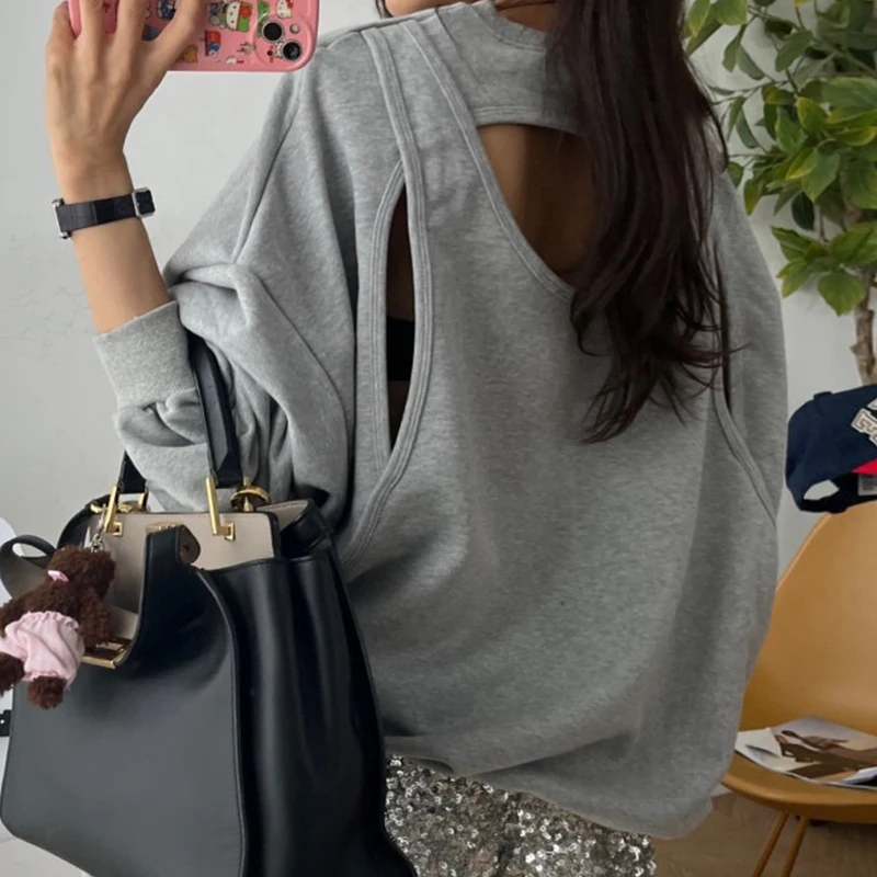 

Women's Sweatshirt Autumn Round Neck Retro Sweet College Style Short Top Loose Casual Round Neck Hollow Backless Trendy Jacket