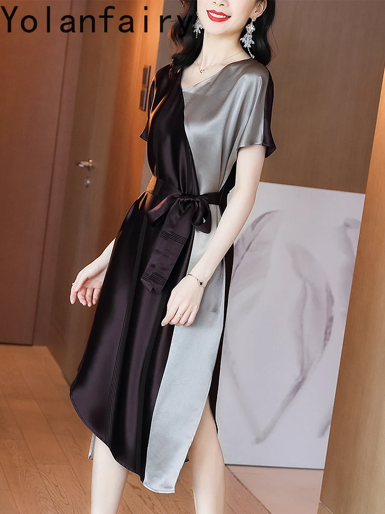 Sukienki damskie YOLANFAIRY, 74% octan, kolekcja lato 2025, delikatne, asymetryczne, eleganckie sukienki w blokach kolorystycznych, sukienka damska z koronkowym wiązaniem, Ropa Mujer