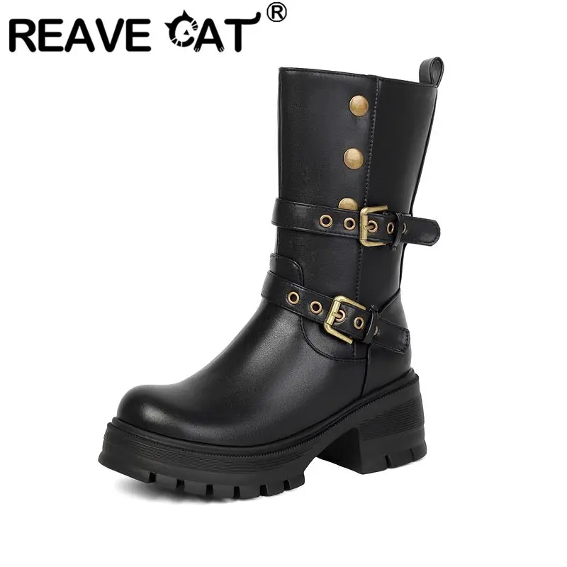 REAVE CAT Black Flock Suede Women Mid Calf Boots Round Toe 6cm Block Heel 3cm Platform Zipper Belt Buckle Big Size 43 Handmade