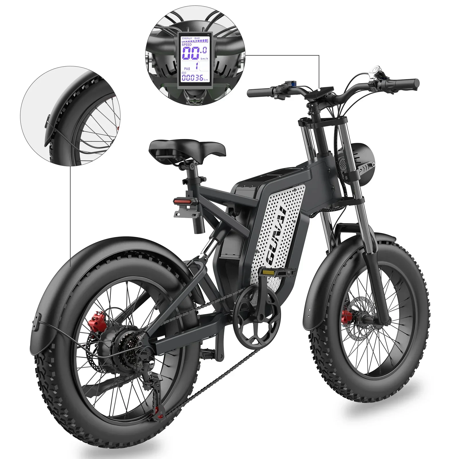 GUNAI 1000W Adult Electric Ebikes 20*4.0Inch Off-Road Fat Tire 200KG Load 7 Speed 48V 25Ah Battery Mountain Electric Bicycle