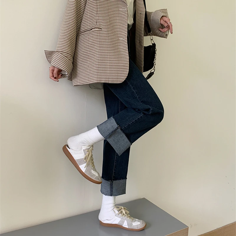 

Прямые джинсы с высокой талией для женщин больших размеров, винтажные джинсы до щиколотки, модные хлопковые эластичные джинсы