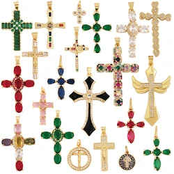 Cross Religious Style Charm Pendant,Gold Plated Inlaid Colorful Cubic Zirconia Jewelry Necklace Bracelet Accessories Supply M51