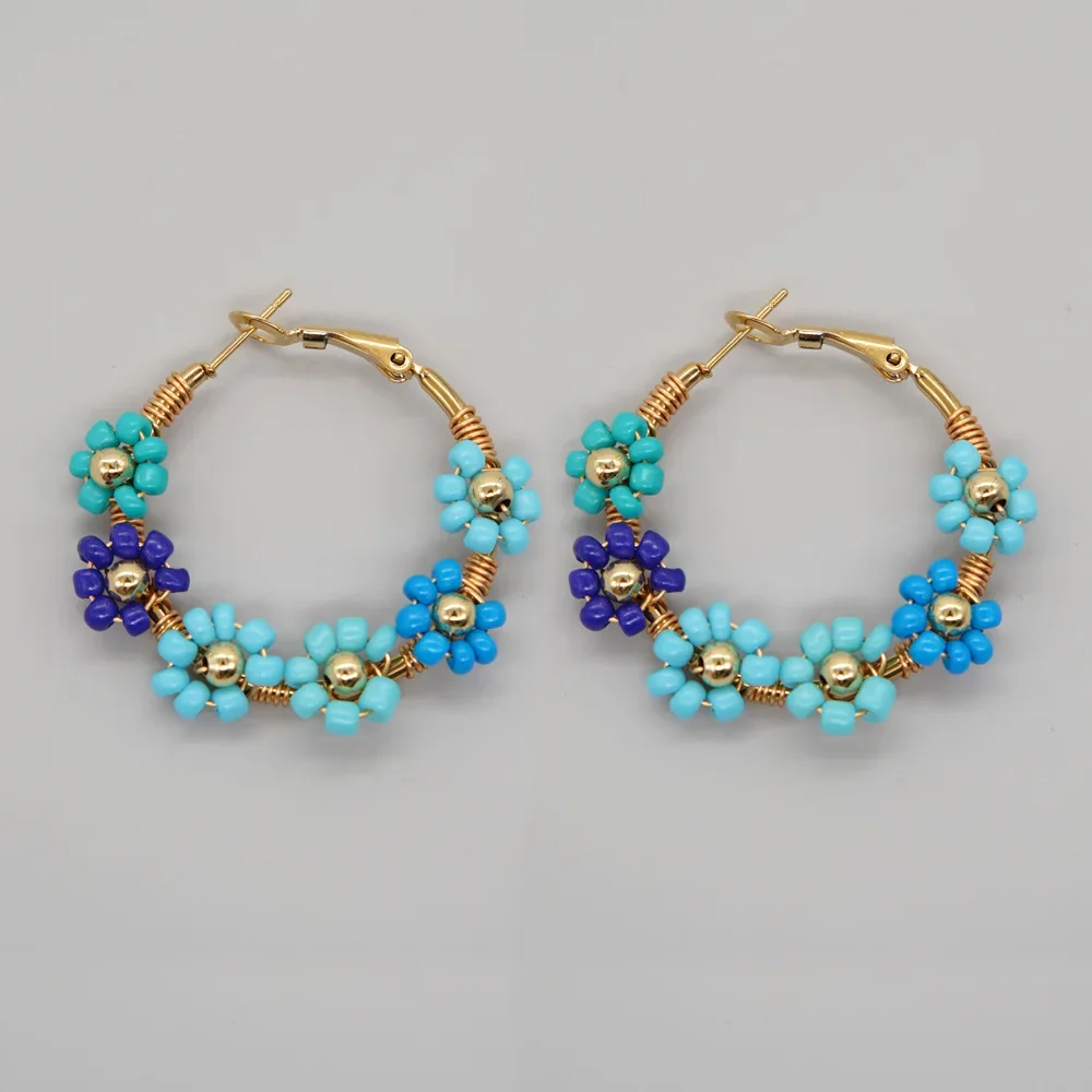 Beaded earrings Flower shape Circle Originality Hand knitting Bohemia Alloy Tide Simple Graph Rice bead earrings