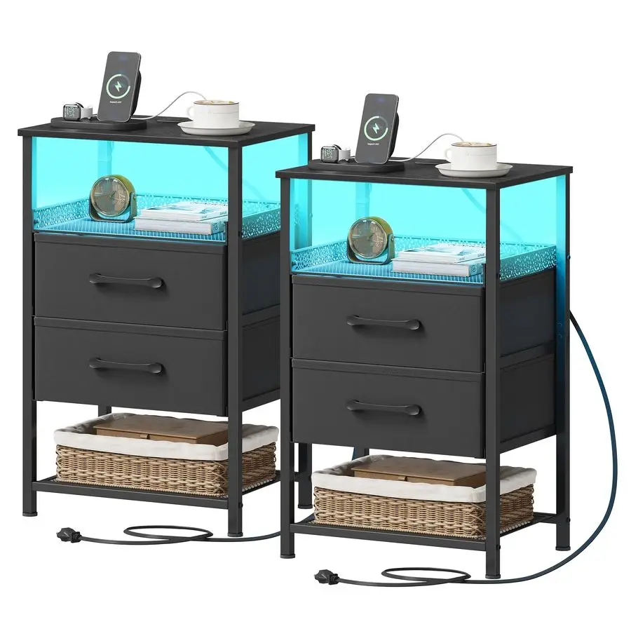 

Set of 2 with Charging Station, Night Stands with LED Lights, 26.4 Inch Tall Bedside Table with Metal Shelf, Side Table with 2 F