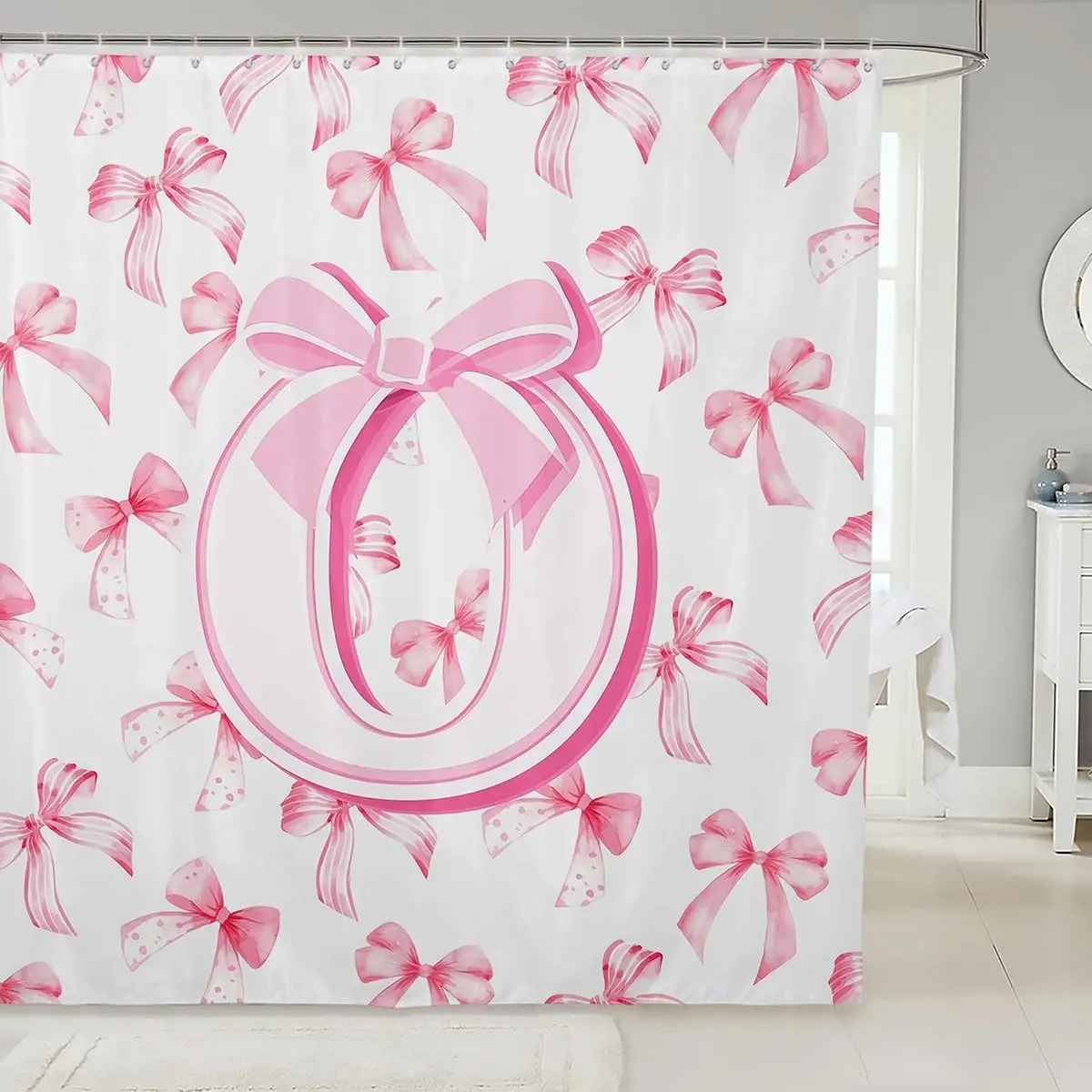 

Розовая занавеска для душа с бантом и буквой О, милый акварельный узор с бантом, декоративная занавеска для ванной комнаты, для девичьей спальни, декор для ванной.