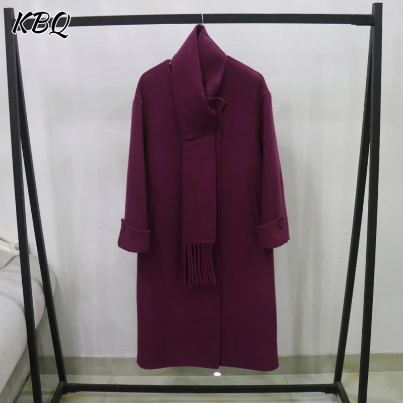 

KBQ New Design Solid Patchwork Scarf Elegant Trench For Women High Collar Long Sleeve Spliced Single Breasted Long Coats Female