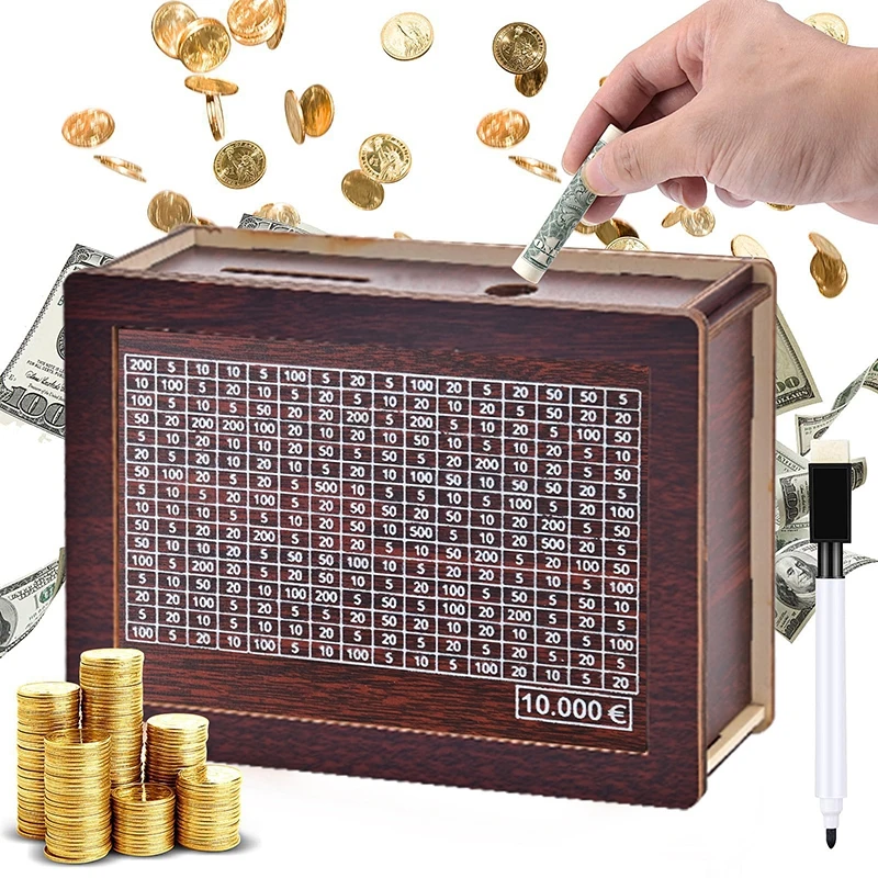 Wooden Piggy Bank Money Box Money Saving Binder 1000/3000/5000/10000 Reusable Money Box with Saving Goal Coins Savings Supplies