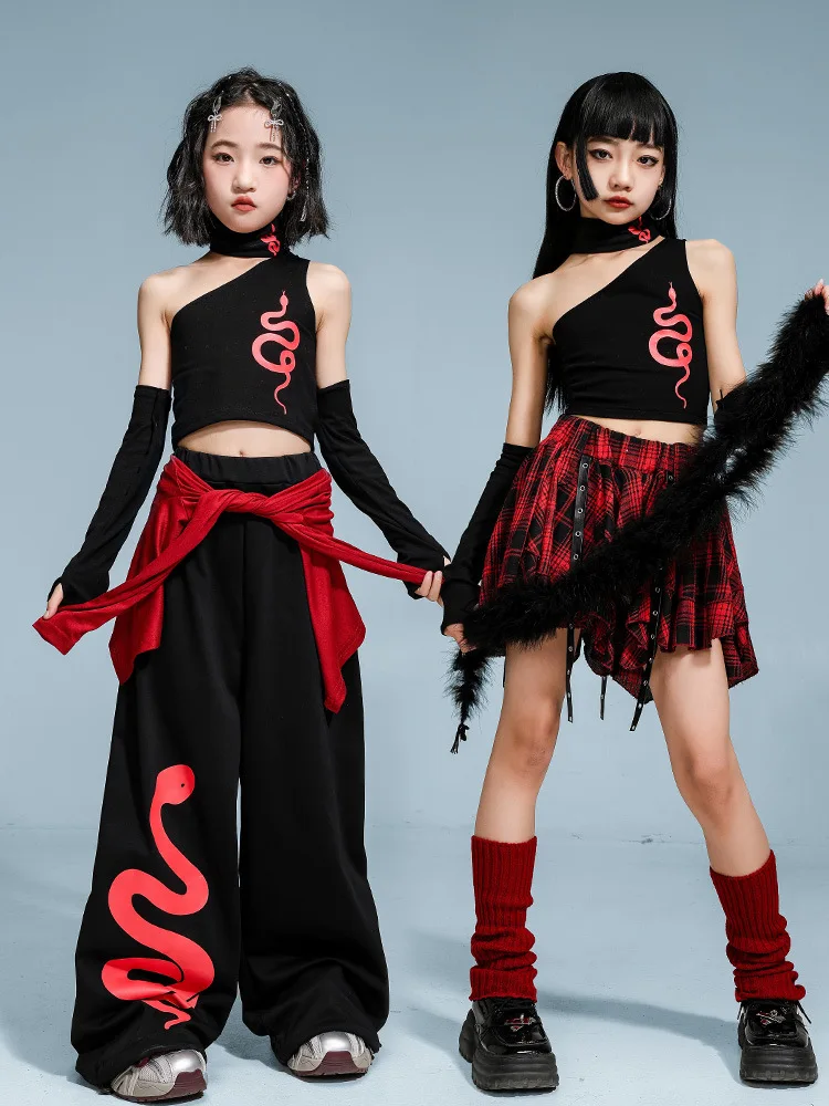 Mädchen Street Dance Kleidung One-shoulder Crop Top Snake Print Hosen Plaid Rock Cheerleading Kostüm Kpop Hip Hop Bühne outfits