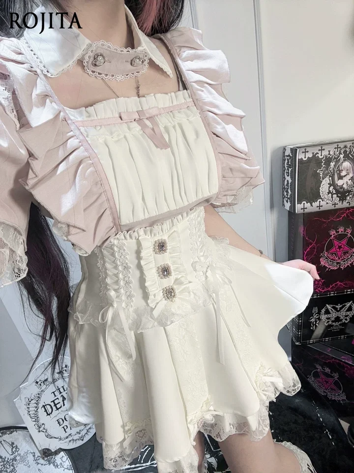 Fake Collar Cute Subculture Maid Short-sleeved Top Sweet Lolita Blouse Ruffle Lace Flutter Sleeve Heart Button Vintage Shirt
