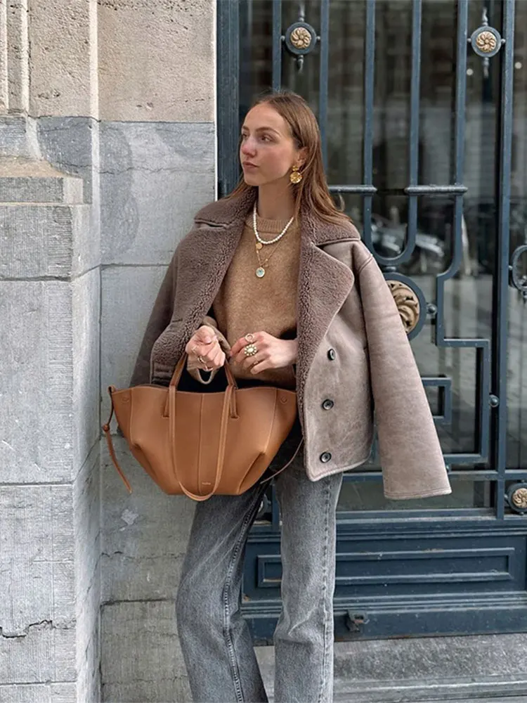 Light Brown Lapel Lamb Woolen Woman Short Coat Fashion Solid Color Single Breasted Full Sleeve Jacket Autumn Commuter Outerwear