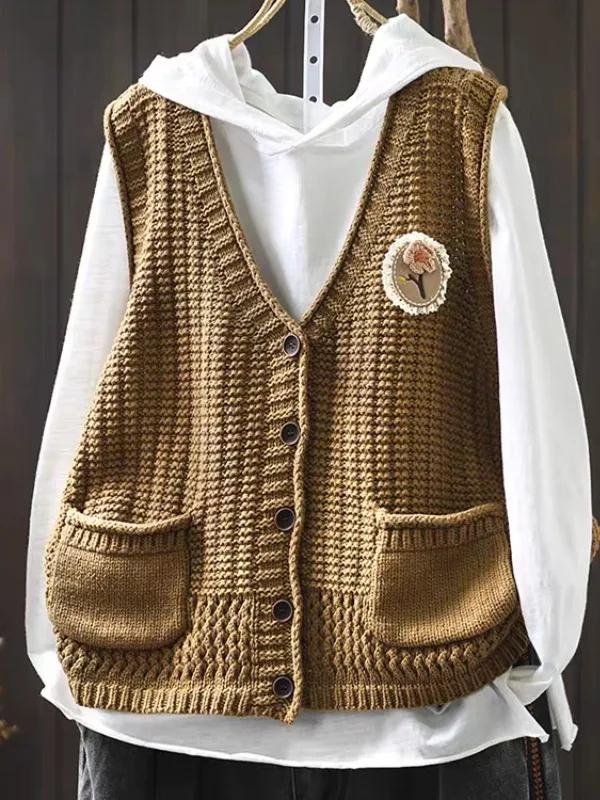 Ceco de Hilo de Aodón Tejido a Mano para Mujer, Hoado, Informal, con Doble Bolsillo, Cuello en V, para la Temporada de...