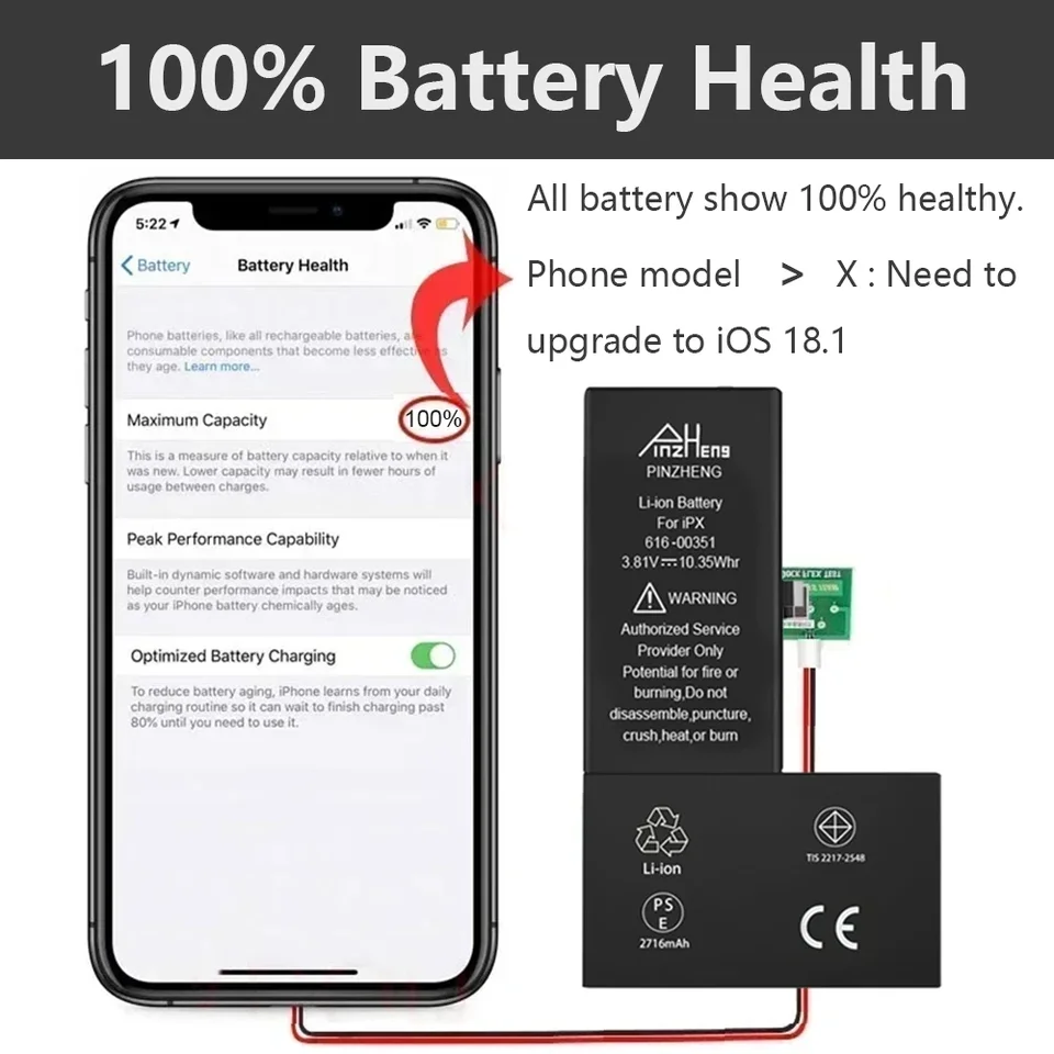 PINZHENG Batería para iPhone X XR XS 11 12 13 Mini Max Pro Promax, repuesto real de alta capacidad con garantía de un año 3