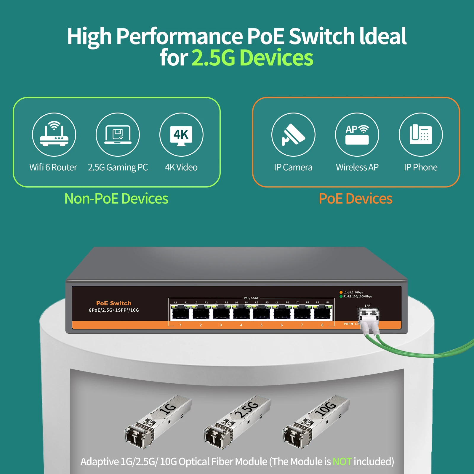 Imagem -05 - Gadinan-poe Switch para Câmera Poe Sfp Rede Metal Switcher Telefone Voip Vigilância Poe Port Base-t 1x10g 2.5g 120w