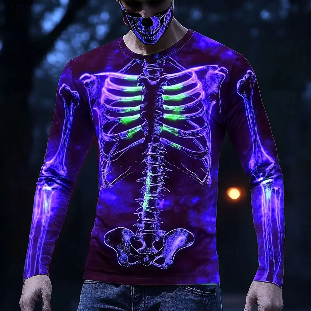 Halloween Skeleton Prints Long Sleeve T-Shirts for Men Gothic Trendy Streetwear Casual Tops Halloween Party Tee 2025 Fall Winter