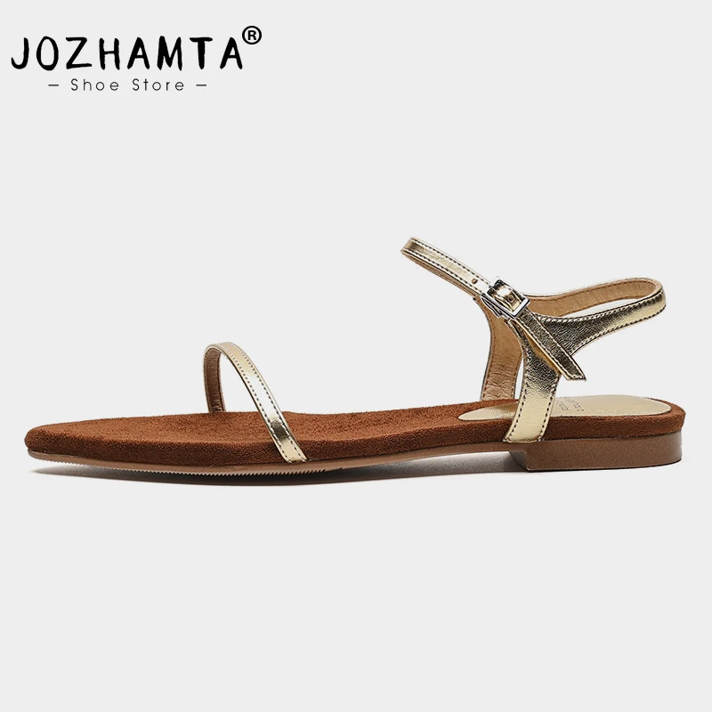 JOZHAMTA Size 33-40 Flats Sandals For Women Real Leather Pointed Open Toe Low Heels Summer Shoes Straps Casual Daily Home Dress