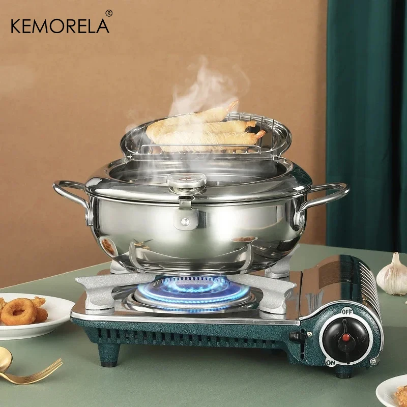 KEMORELA 20CM/24CM Frying Pot With Thermometer Stainless Steel Kitchen Tempura Fryer Pan  Oil Saving French Fries Frying Pan