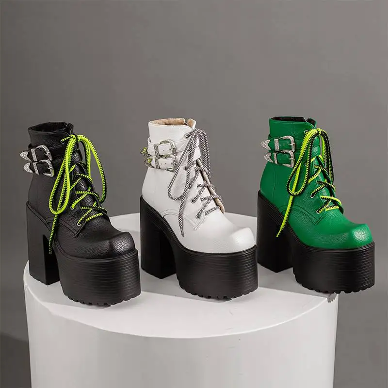 ORCHA LISA Boots femmine punta quadrata tacco alto 14cm Platform Hill 7.5cm cerniera fibbia in pizzo stivaletto verde