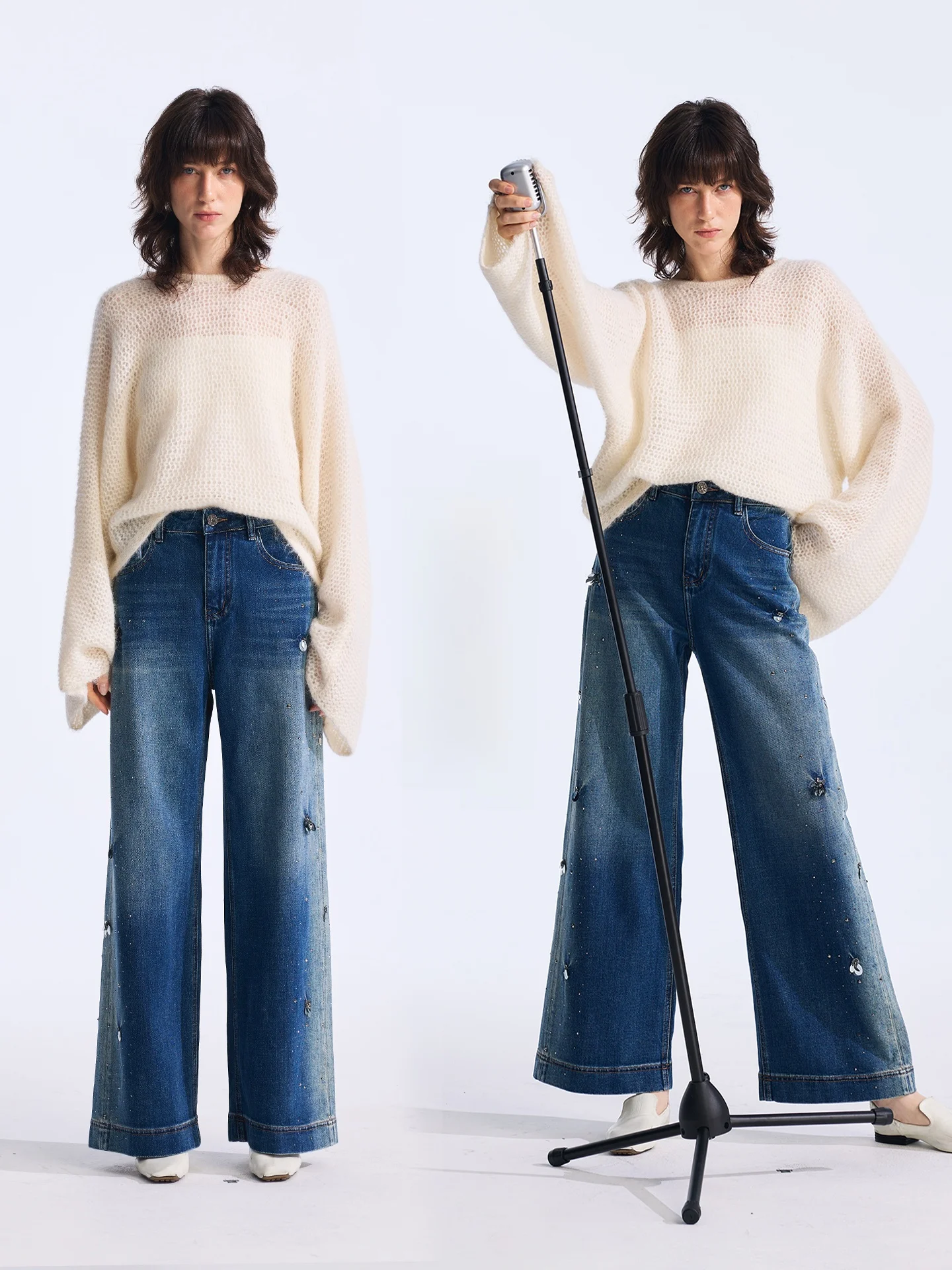 

Прямые джинсы с высокой талией, женские модные повседневные широкие брюки с бриллиантами, осеннее новое поступление