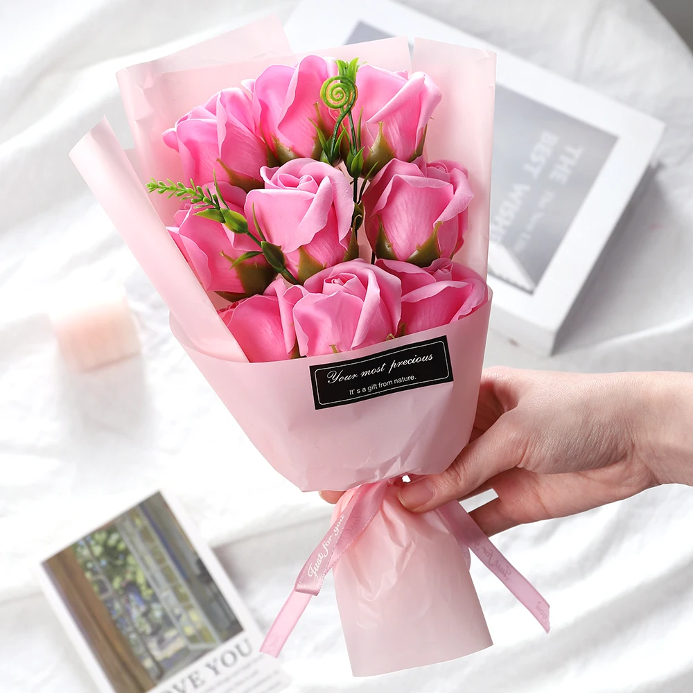 Decoración de regalo del Día de San Valentín, ramo de rosas artificiales, 24CM, flor falsa para regalo de novia, flor decorativa para el día de la madre