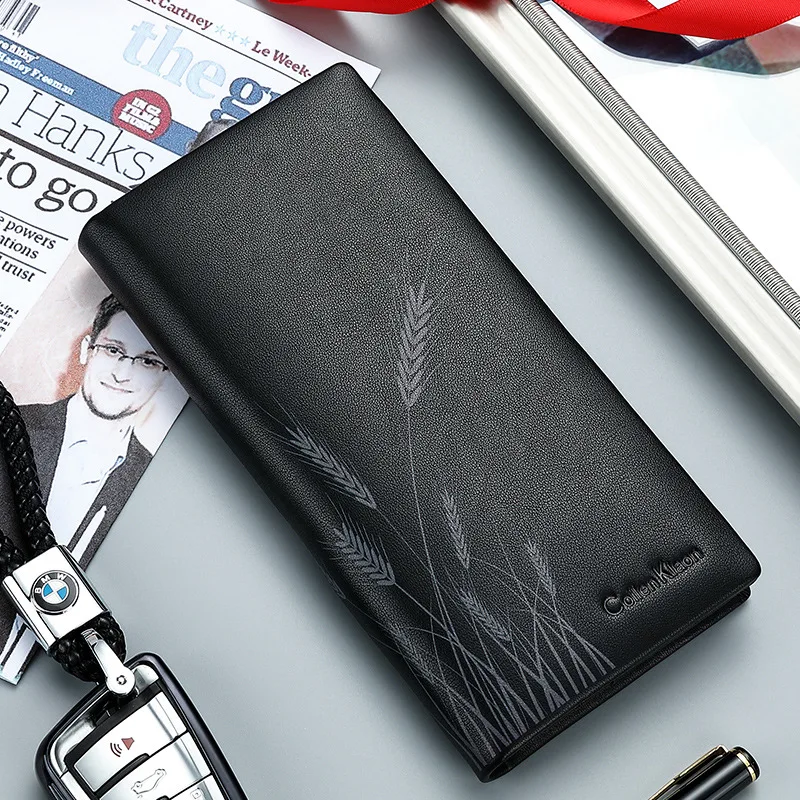 

2022 New Business Men Wallet Long Genuine Solid color Leather Clutch Wallet Purse Male soft cowhide Coin Pouch Wheat pattern