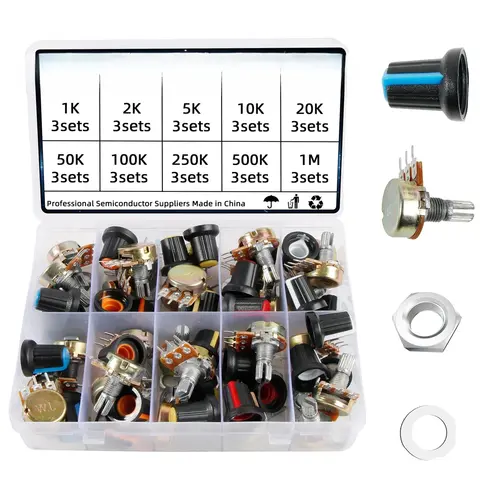 ชุดอุปกรณ์โพเทนชิโอมิเตอร์ WH148 จำนวน 30 ชุด พร้อมตัวต้านทาน น็อต และแหวนรอง 1k 10k 50k 500k 1M