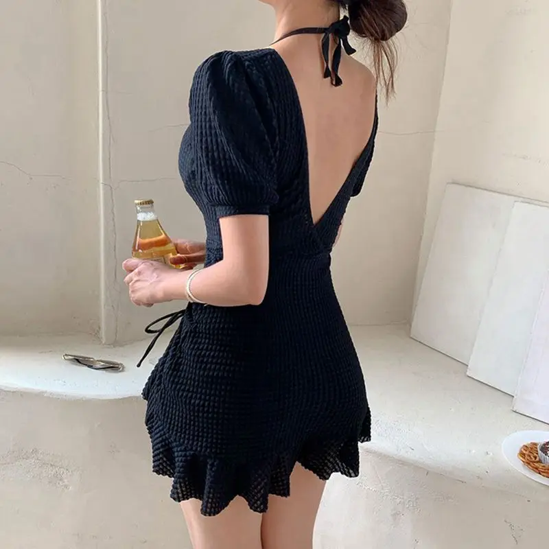 Women One Piece Swimsuit Korean Style Solid Deep V Backless Sexy Bathing Suit Belly Hidden Beach Wear Short Sleeves 2023 Mujer