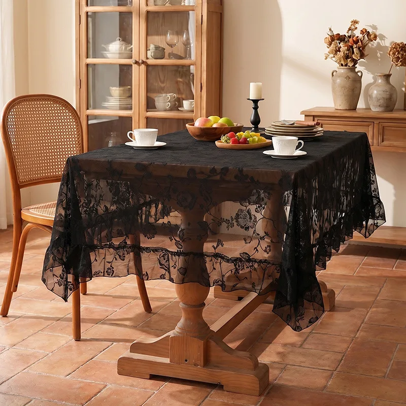French Jacquard Floral Lace Black Tablecloth Solid Color Dust-Proof Wedding Decoration Tablecloths Rectangular Table Cloths