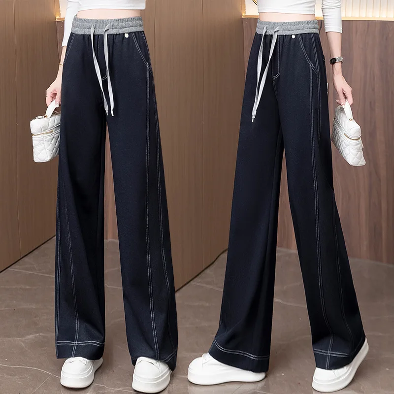 غير يتلاشى السراويل الدنيم المقاومة للتجاعيد مستقيم الساق للنساء، الخريف جديد الرباط مرونة عالية الخصر التخسيس ثنيات واسعة L #2