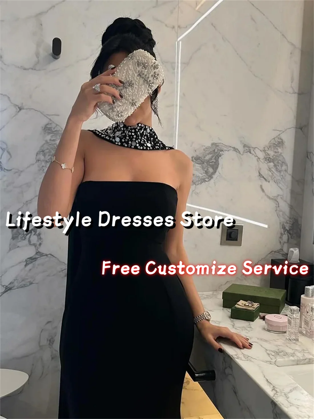 Customized Black Prom Dress Strapless Beaded Diamond Shawl Party Evening Gown Ankle Length Formal Occasion Dresses 2024