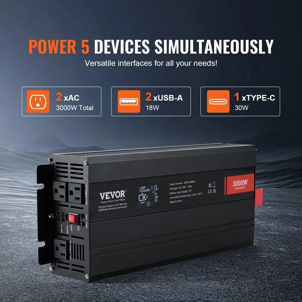 3000W Pure Sine Wave Inverter 12V to 120V, 2 AC Outlets, 2 USB & Type-C Ports, LCD Display & Remote Control, CE FCC Certified