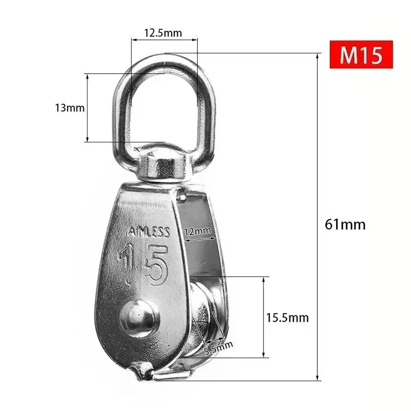 Bloco de polia de guindaste de corda de fio de aço inoxidável m15, guindaste de elevação, gancho giratório, bloco de polia única, fio de suspensão,