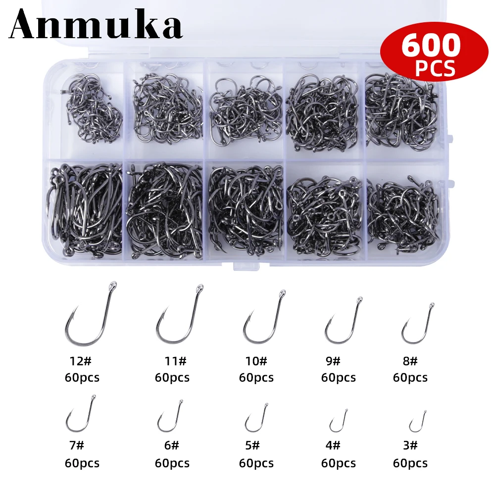 Anmuka 100-600pcs fishing lure Hooks set offset hook Single Replacement Hooks The handle has a ring, and the hook has a barb hoo