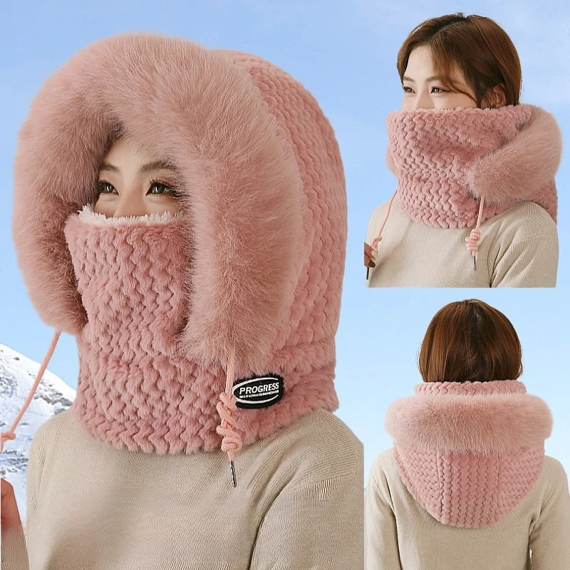 3 in 1 Winter Cycling Hat Hood Scarf Mask Set Thick Thermal Windproof Ear Cover for Women Electric Scooter Outdoor Cold Weather
