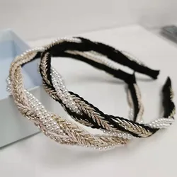 French Pearl Braided Bezel Hair Band Elegant Women's Pure Color Pleated Headband Fashionable Girl's Hair Hoop Hair Accessories