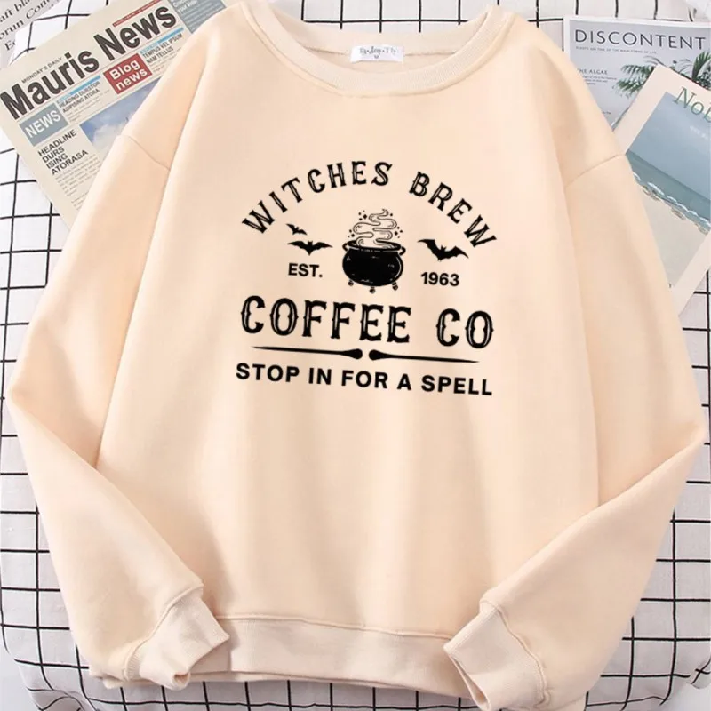 Witches Brew Coffee Letter Printing Simple Solid Color Letter Printing Bluzy damskie z długim rękawem Ciepłe swetry Odzież — zdjęcie 2