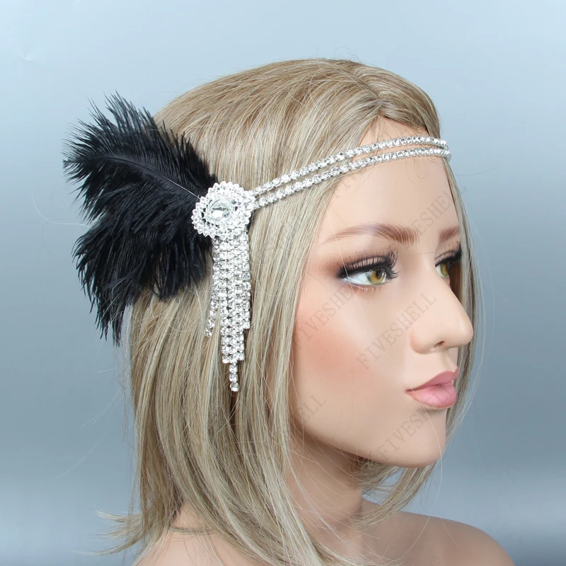 Accessori per capelli per le donne 1920s Cosplay copricapo strass paillettes Vintage Party copricapo in rilievo Flapper capelli fascia in piuma