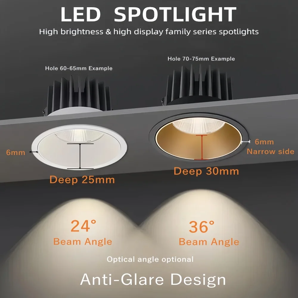 조광 가능한 LED 다운라이트 매립형 천장 램프 스포트라이트, 알루미늄 COB, 110V, 220V, 홈 오피스 스토어, 스팟 LED 홀, 65mm, 75mm, 90mm