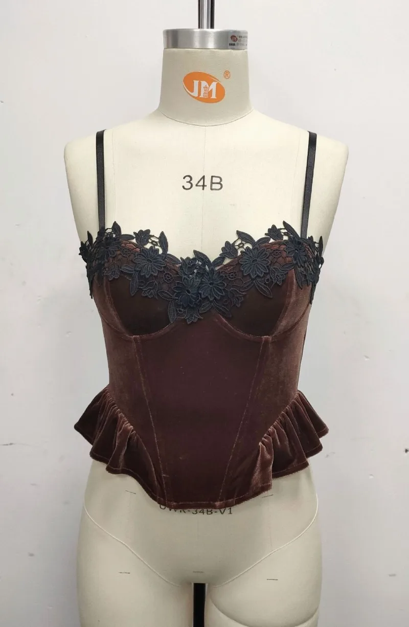 Vintage dentelle Appliques volants ourlet Vevelt Camisole culture hauts femmes mode Sexy à armatures arête de poisson mince Corset Camis gilets