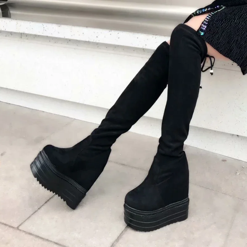 14cm Women's Over-The-Knee Boots Sexy Was Thin Stretch Stovepipe Boots Thick-Sole Within Increase Long Boots Wedge High Boots 39