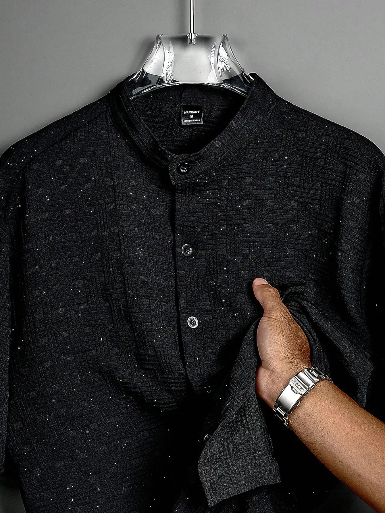 

Men's Black Textured Stand-Collar Button-Up Shirt, Short Sleeve Casual Summer Wear