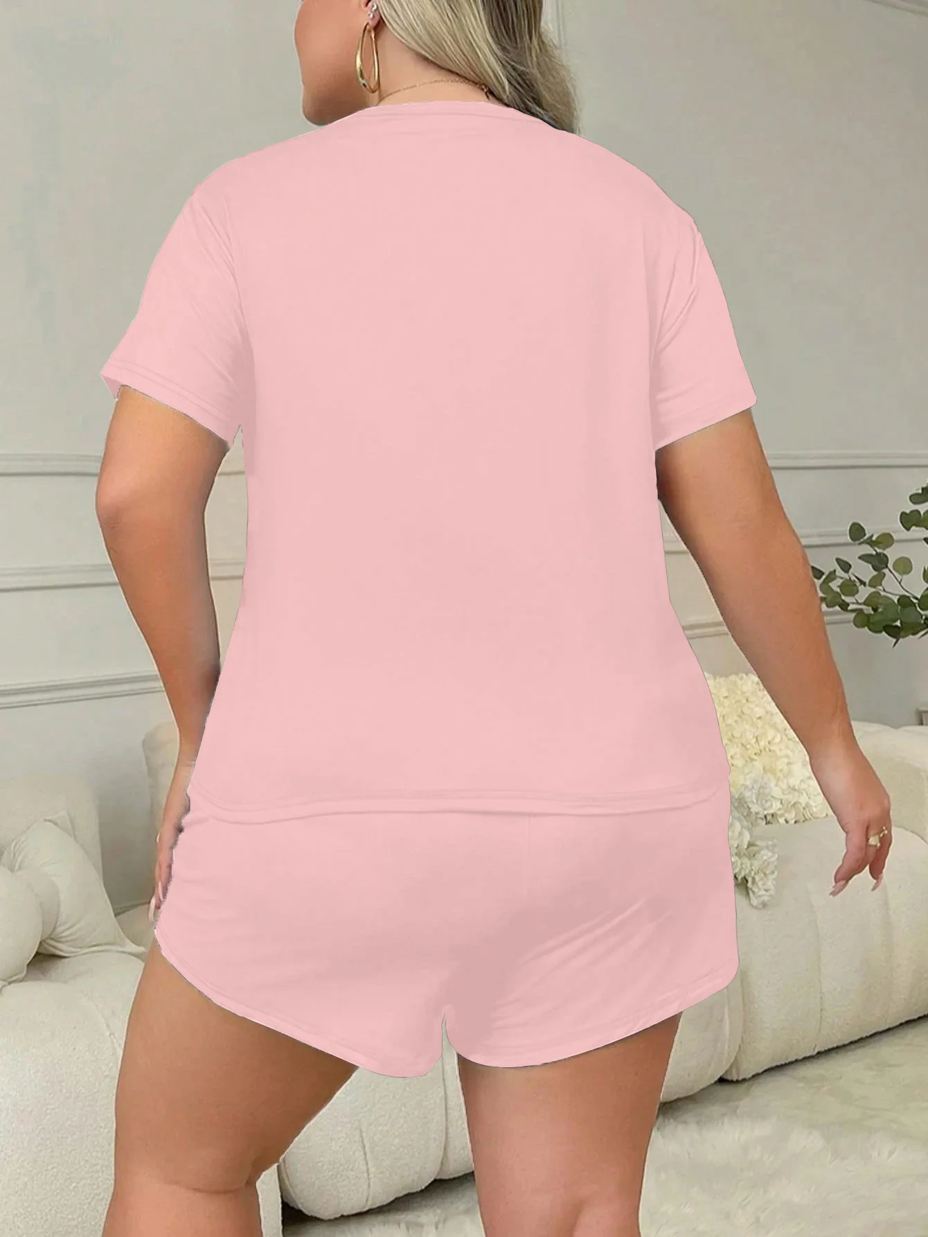Pyjama-Set mit Buchstaben-Print, kurzärmeliges T-Shirt und elastische Shorts, Übergröße, passend für Damen, Freizeitkleidung, Sportbekleidung, Loungewear, Homewear – Detail 12